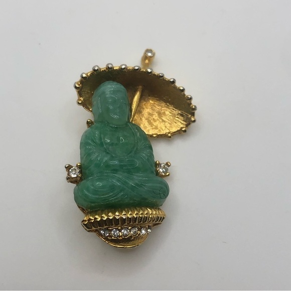 Vtg Jadeite Peking Glass Rhinestone Gold Tone Buddha  Brooch 1.7” - Picture 2 of 5